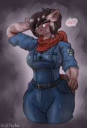 Size: 1290x1900 | Tagged: safe, artist:reddthebat, imported from derpibooru, oc, oc only, oc:number nine, anthro, earth pony, abstract background, arm behind head, bandana, big breasts, breasts, clothes, female, hand on hip, lidded eyes, mare, overalls, solo, sweat, talking to viewer, wide hips