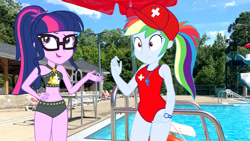 Size: 1280x721 | Tagged: safe, artist:draymanor57, artist:richardchibbard, edit, edited screencap, imported from derpibooru, screencap, rainbow dash, sci-twi, twilight sparkle, equestria girls, baseball cap, cap, clothes, clothes swap, duo, duo female, female, glasses, hand out, hat, leather, leather bikini, lifeguard dash, meh, one-piece swimsuit, ponytail, sleeveless, sunset shimmer's beach shorts swimsuit, swimsuit, swimsuit swap, waterparks, whistle, whistle necklace