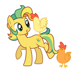 Size: 6899x6619 | Tagged: safe, artist:alicesponycorner, imported from derpibooru, oc, oc only, oc:hippy dippy, bird, chicken, earth pony, pony, animal, ear piercing, green eyes, male, piercing, ponysona, raised hoof, raised leg, show accurate, smiling, solo, stallion, yellow coat