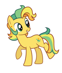 Size: 5621x6619 | Tagged: safe, artist:alicesponycorner, imported from derpibooru, oc, oc only, oc:hippy dippy, earth pony, pony, ear piercing, green eyes, male, piercing, ponysona, raised hoof, raised leg, show accurate, smiling, solo, stallion, yellow coat