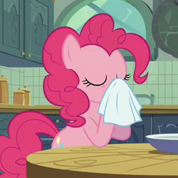 Size: 1024x1024 | Tagged: safe, imported from derpibooru, pinkie pie, earth pony, ai content, ai generated, eyes closed, female, generator:google gemini, generator:imagen 3, mare, napkin, nose blowing, prompter:keira alcove, solo