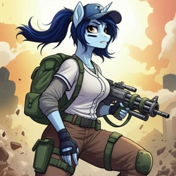 Size: 1024x1024 | Tagged: safe, imported from derpibooru, eye black, slapshot, anthro, unicorn, series:g.i. pony: a real equestrian hero, ai content, ai generated, backpack, baseball cap, baseball jersey, cap, cargo pants, clothes, cosplay, costume, face paint, female, fingerless gloves, g.i. joe, generator:google imagen 3.0, gloves, grenade launcher, hardball, hat, horn, outdoors, pants, ponytail, prompter:zerowinger, solo, weapon