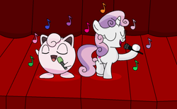 Size: 1280x786 | Tagged: safe, artist:starwarriorjian, imported from derpibooru, sweetie belle, jigglypuff, pony, unicorn, curtains, duo, female, filly, foal, horn, microphone, music notes, pokémon, singing, stage