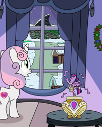 Size: 1348x1666 | Tagged: safe, artist:starwarriorjian, imported from derpibooru, sweetie belle, twilight sparkle, alicorn, pony, unicorn, ballerina, christmas, clothes, female, filly, foal, holiday, horn, music box, snow, solo, tutu, twilarina, twilight sparkle (alicorn)