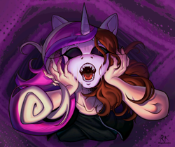 Size: 2048x1717 | Tagged: safe, artist:regakoala, imported from derpibooru, princess cadance, human, bust, fangs, human to anthro, mask, open mouth, solo, terrified, transformation