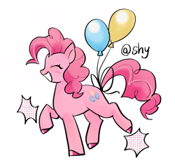 Size: 1043x998 | Tagged: safe, artist:shy, imported from twibooru, pinkie pie, earth pony, pony, balloon, blushing, cutie mark, eyes closed, female, happy, image, mare, png, raised hoof, simple background, smiling, solo, tied, white background