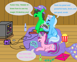 Size: 1500x1200 | Tagged: safe, imported from derpibooru, starlight glimmer, trixie, oc, oc:anon, oc:anon stallion, pony, unicorn, book, cape, clothes, controller, food, gamecube, gamecube controller, hat, horn, kite, magic, popcorn, soda, speech bubble, super smash bros., swearing, telekinesis, television, trixie's cape, trixie's hat, video game console, vulgar