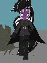 Size: 2449x3266 | Tagged: safe, artist:timejumper, imported from derpibooru, oc, oc only, oc:valentina, anthro, unicorn, blind, boots, cape, clothes, gloves, horn, portal, shoes, skirt, skirt suit, suit, thigh boots, tree stump