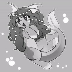 Size: 2700x2700 | Tagged: safe, artist:opalacorn, imported from derpibooru, oc, oc only, original species, pony, black and white, bubble, ear fins, female, fish tail, gray background, grayscale, hooves to the chest, mare, monochrome, open mouth, open smile, simple background, smiling, solo, tail, underwater, water