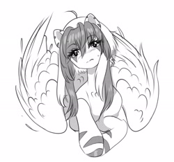 Size: 2700x2524 | Tagged: safe, artist:opalacorn, imported from derpibooru, oc, oc only, pegasus, pony, black and white, eye clipping through hair, female, folded wings, grayscale, large wings, looking at you, lying down, mare, monochrome, prone, simple background, solo, white background, wings