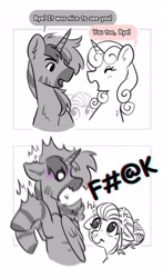 Size: 2407x4096 | Tagged: safe, artist:opalacorn, imported from derpibooru, oc, oc only, oc:silver stream, oc:void, alicorn, pegasus, pony, unicorn, zebra, zebra alicorn, black and white, censored, censored vulgarity, dialogue, female, grawlixes, grayscale, horn, male, mare, monochrome, partial color, simple background, sneaky, speech bubble, stallion, surprised, trio, vulgar, white background