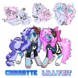 Size: 3000x3000 | Tagged: safe, artist:opalacorn, imported from derpibooru, oc, oc only, oc:cinnabyte, oc:lillybit, earth pony, pony, blush lines, blushing, bow, colored pupils, cross-popping veins, duo, duo female, emanata, female, floating heart, hair bow, headset, heart, looking at you, mare, name, open mouth, open smile, simple background, smiling, smiling at you, sparkles, text, visor, white background, x eyes