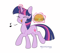 Size: 1200x1068 | Tagged: safe, artist:sion, imported from derpibooru, twilight sparkle, pony, unicorn, cute, eyes closed, female, glowing, glowing horn, horn, levitation, magic, mare, music notes, open mouth, open smile, signature, simple background, smiling, solo, telekinesis, that pony sure does love burgers, twiabetes, twilight burgkle, unicorn twilight, white background