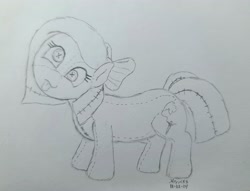 Size: 3389x2587 | Tagged: safe, artist:hericks, imported from twibooru, oc, oc only, oc:silly stuffing, original species, plush pony, pony, black and white, bow, female, filly, grayscale, hair bow, image, looking at you, monochrome, needs more jpeg, plushie, ragdoll, seams, signature, solo, tongue out, traditional art