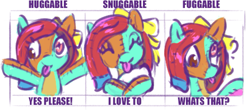 Size: 1413x620 | Tagged: safe, artist:anonymous, imported from twibooru, oc, oc only, oc:silly stuffing, original species, plush pony, pony, cute, derp, emanata, eyes closed, female, filly, hug, image, innocent, plushie, png, puzzled, ragdoll, seams, simple background, snuggling, tongue out, white background