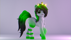 Size: 2560x1440 | Tagged: safe, artist:lithus, imported from derpibooru, oc, oc only, oc:lithus, earth pony, pony, wolf, wolf pony, 3d, blender, blender cycles, chest fluff, clothes, crown, ear fluff, fangs, gradient legs, gradient mane, gradient tail, happy, jewelry, looking at you, open pony, photo shoot, raised hoof, regalia, render, shoulder fluff, simple background, socks, solo, tail