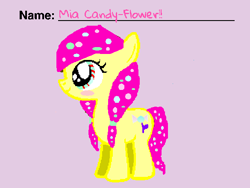 Size: 585x439 | Tagged: safe, artist:pinkiedashpony, imported from derpibooru, oc, oc only, oc:mia candy flower, earth pony, pony, 1000 hours in ms paint, 2014, base used, blush sticker, blushing, candy, candy in hair, eyestrain warning, female, filly, foal, food, looking away, multicolored eyes, pigtails, pink hair, reference sheet, scratch.mit.edu, simple background, smiling, solo, standing, text, twintails, yellow coat