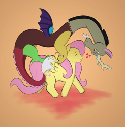 Size: 1484x1507 | Tagged: safe, artist:bloofoo, imported from derpibooru, discord, fluttershy, draconequus, pegasus, pony, discoshy, eyes closed, female, heart, male, mare, riding, riding a pony, shipping, straight, walking