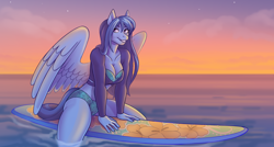 Size: 2000x1068 | Tagged: safe, artist:tentaclebaka, imported from derpibooru, oc, oc only, anthro, pegasus, bra, breasts, cleavage, clothes, crepuscular rays, female, grin, ocean, sitting, smiling, solo, sunlight, sunset, surfboard, underwear, water