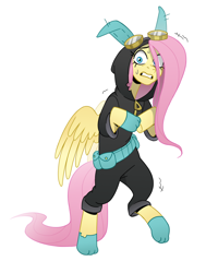 Size: 1218x1526 | Tagged: safe, artist:tentaclebaka, imported from derpibooru, fluttershy, pegasus, pony, bipedal, clothes, costume, dangerous mission outfit, female, goggles, hair over one eye, hoodie, mare, scared, simple background, solo, walking, white background