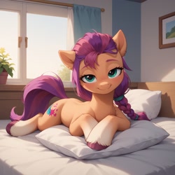 Size: 1536x1536 | Tagged: safe, imported from derpibooru, sunny starscout, ai content, ai generated, bed, bedroom eyes, crossed arms, g5, looking at you, lying down, pillow, prompter:vtaviscratch, prone, smiling, smiling at you