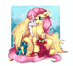 Size: 2795x2526 | Tagged: safe, artist:buvanybu, imported from derpibooru, fluttershy, dragon, pegasus, pony, sweet and smoky, baby, baby dragon, female, male, mare, my little pony