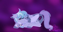 Size: 1414x713 | Tagged: safe, artist:azira faerinx, imported from derpibooru, oc, oc only, pegasus, pony, bangs, blue mane, colored hooves, colored wings, cute, ear fluff, ear piercing, ethereal mane, female, folded wings, fusion, heart cutiemark, hooves, long hair, long mane, long tail, multicolored hair, multicolored mane, multicolored wings, multiple piercings, nose piercing, pegasus oc, piercing, purple background, purple coat, septum piercing, simple background, sleeping, solo, solo female, starry mane, tail, wings