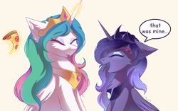 Size: 2048x1289 | Tagged: safe, artist:maxi_ponie, artist:maxip0ny, imported from derpibooru, princess celestia, princess luna, alicorn, pony, :p, crown, dialogue, duo, duo female, ear fluff, eyebrows, eyebrows visible through hair, eyeshadow, female, folded wings, food, glowing, glowing horn, horn, jewelry, magic, magic aura, makeup, mare, open mouth, peytral, pizza, regalia, royal sisters, siblings, silly, sisters, speech bubble, tongue out, wings