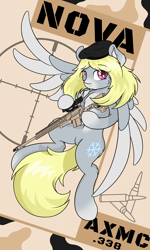 Size: 3000x5000 | Tagged: safe, artist:sealedseal, imported from derpibooru, oc, oc only, oc:nova "snowflake" frost, pegasus, pony, semi-anthro, female, mare, solo, weapon