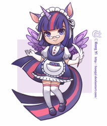 Size: 2796x3300 | Tagged: safe, artist:koyii-kong, imported from derpibooru, twilight sparkle, alicorn, human, alicorn humanization, clothes, dress, eared humanization, female, high res, horn, horned humanization, humanized, maid, quill, solo, spread wings, tail, tailed humanization, twilight sparkle (alicorn), winged humanization, wings