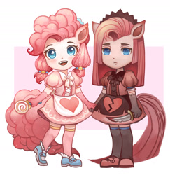 Size: 2359x2425 | Tagged: safe, artist:koyii-kong, imported from derpibooru, pinkie pie, human, ambiguous facial structure, candy, chibi, clothes, dress, duality, eared humanization, food, high res, humanized, knife, lolita fashion, lollipop, looking at you, pinkamena diane pie, smiling, smiling at you, tail, tailed humanization