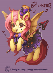 Size: 2550x3528 | Tagged: safe, artist:koyii-kong, imported from derpibooru, fluttershy, bat pony, pony, bat ponified, clothes, dress, female, flutterbat, flying, hat, heart, high res, horns, looking at you, mare, purple background, race swap, simple background, smiling, smiling at you, solo, spear, staff, top hat, weapon