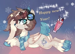 Size: 1280x932 | Tagged: safe, artist:percypawz, imported from derpibooru, oc, pegasus, card, clothes, fawn, happy new year, headphones, holiday, scarf, snow, stars