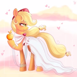 Size: 2048x2048 | Tagged: safe, artist:galaxy swirl, imported from derpibooru, applejack, earth pony, pony, apple, applejack's hat, blushing, clothes, cloud, cowboy hat, dress, female, food, freckles, hat, heart, mare, raised hoof, solo