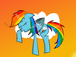 Size: 1600x1200 | Tagged: safe, artist:rai2n, imported from derpibooru, rainbow dash, pegasus, pony, cloud, eyes closed, female, mare, on a cloud, onomatopoeia, sleeping, sleeping on a cloud, solo, sound effects, sunset, zzz