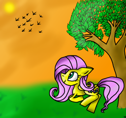 Size: 1600x1500 | Tagged: safe, artist:rai2n, imported from derpibooru, fluttershy, bird, pegasus, pony, female, looking up, lying down, mare, solo, sun, sunset, tree