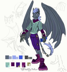 Size: 1513x1618 | Tagged: safe, artist:destiny_manticor, imported from derpibooru, oc, oc only, oc:warten samitelas, anthro, bat pony, blueprint, clothes, color palette, gray body, headset mic, jewelry, leonine tail, paws, reference sheet, robotic arm, shoes, simple background, sneakers, solo, tail, tail jewelry