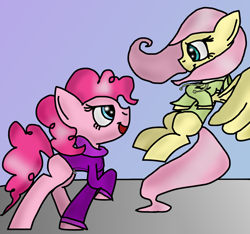 Size: 1600x1500 | Tagged: safe, artist:rai2n, imported from derpibooru, fluttershy, pinkie pie, earth pony, pegasus, pony, clothes, flying, hoodie, looking at each other, looking at someone, missing cutie mark, smiling, smiling at each other