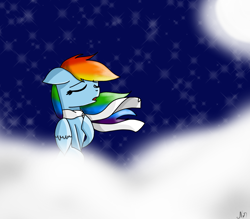 Size: 1600x1400 | Tagged: safe, artist:rai2n, imported from derpibooru, rainbow dash, pegasus, pony, clothes, cloud, eyes closed, female, floppy ears, mare, moon, night, on a cloud, scarf, sitting, sitting on a cloud, sky, solo, stars, windswept mane