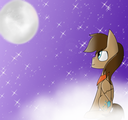 Size: 1600x1500 | Tagged: safe, artist:rai2n, imported from derpibooru, oc, oc only, oc:kite waver, pegasus, pony, bandana, cloud, fanart, looking up, male, moon, night, on a cloud, sitting, sitting on a cloud, stallion, stars