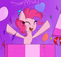 Size: 1600x1500 | Tagged: safe, artist:rai2n, imported from derpibooru, pinkie pie, earth pony, pony, balloon, confetti, eyes closed, female, glitter, heart, heart balloon, mare, present, smiling, solo, surprise!