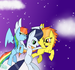 Size: 1600x1500 | Tagged: safe, artist:rai2n, imported from derpibooru, rainbow dash, soarin', spitfire, pegasus, pony, blood, cloud, eyes closed, female, flying, male, mare, night, scratches, shipping, sky, smiling, soarindash, stallion, stars, straight