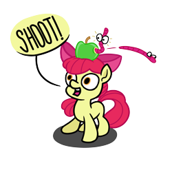 Size: 2400x2400 | Tagged: safe, artist:mafon, imported from derpibooru, apple bloom, earth pony, pony, worm, apple, apple bloom's bow, apple on head, blank flank, bow, digital art, emanata, female, filly, foal, food, hair bow, high res, implied scootaloo, jumping, offscreen character, open mouth, speech bubble, this will end in tears and/or death and/or covered in tree sap, wide eyes, william tell, yelling