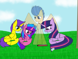 Size: 1600x1200 | Tagged: safe, artist:rai2n, imported from derpibooru, flash sentry, twilight sparkle, oc, alicorn, ghost, pegasus, pony, undead, alicorn oc, book, brother and sister, cloud, family, female, flashlight, grass, horn, lying down, male, mare, mother and child, mother and daughter, mother and son, offspring, parent:flash sentry, parent:twilight sparkle, parents:flashlight, reading, request, shipping, siblings, sky, stallion, straight, wings