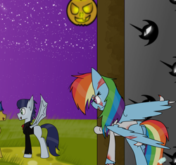 Size: 1600x1500 | Tagged: safe, artist:rai2n, imported from derpibooru, flash sentry, rainbow dash, soarin', bat pony, pegasus, pony, clothes, contest entry, costume, evil grin, female, grin, halloween, holiday, jack-o-lantern, male, mare, night, nightmare night costume, pumpkin, shipping, smiling, soarindash, stallion, straight, vampire costume, zombie costume