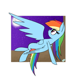 Size: 1200x1200 | Tagged: safe, artist:rai2n, imported from derpibooru, rainbow dash, pegasus, pony, female, looking up, lying down, mare, moon, night, on back, sky, solo, spread wings, stars, tree branch, wings