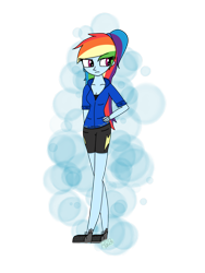 Size: 1200x1600 | Tagged: safe, artist:rai2n, imported from derpibooru, rainbow dash, human, equestria girls, clothes, female, hoodie, legs, ponytail, shirt, shoes, shorts, simple background, solo, transparent background