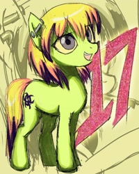 Size: 2000x2500 | Tagged: safe, artist:skypaw10, imported from derpibooru, oc, oc only, earth pony, pony, abstract background, earth pony oc, full body, green coat, open mouth, open smile, smiling, solo