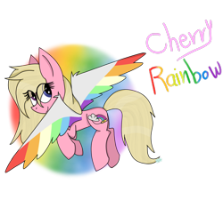 Size: 1600x1500 | Tagged: safe, artist:rai2n, imported from derpibooru, oc, oc only, oc:cherry rainbow, pegasus, pony, art trade, colored wings, female, flying, looking back, mare, multicolored wings, rainbow wings, simple background, smiling, solo, spread wings, transparent background, wings