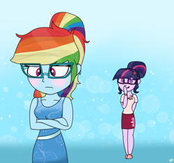 Size: 1600x1500 | Tagged: safe, artist:rai2n, imported from derpibooru, rainbow dash, sci-twi, twilight sparkle, human, equestria girls, alternate hairstyle, blushing, clothes, crossed arms, dress, female, glasses, hair bun, request, shirt, shoes, skirt